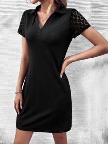 SHEIN LUNE Contrast Lace Sleeve Fitted Dress - Black - View 1