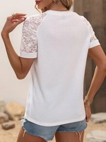 SHEIN LUNE Contrast Lace Raglan Sleeve Waffle Knit Tee - White - View 2