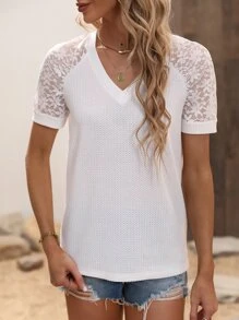 SHEIN LUNE Contrast Lace Raglan Sleeve Waffle Knit Tee - White - View 6
