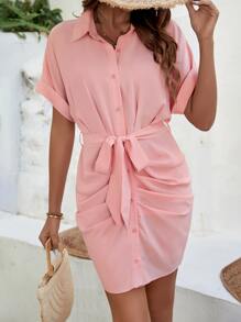 SHEIN VCAY Ruched Batwing Sleeve Belted Shirt Dress - Coral Pink - View 4
