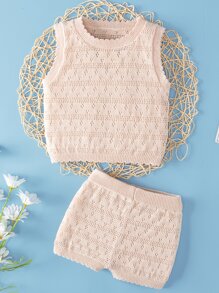 Baby Solid Pointelle Knit Sweater Vest & Knit Shorts - Apricot - View 1