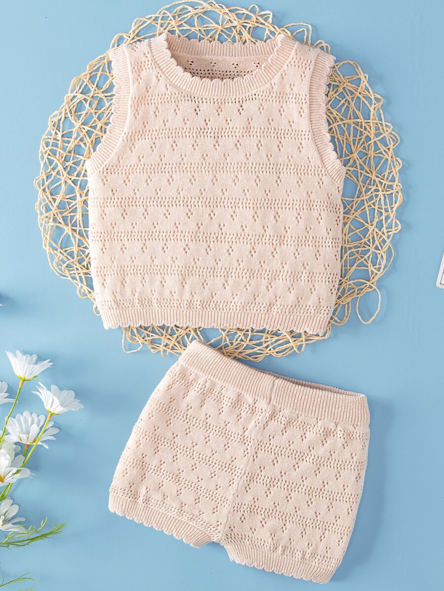 Baby Solid Pointelle Knit Sweater Vest & Knit Shorts - Apricot - View 1