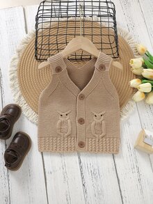 嬰兒貓頭鷹樣式無袖開襟衫 - 卡其色 - 查看 4