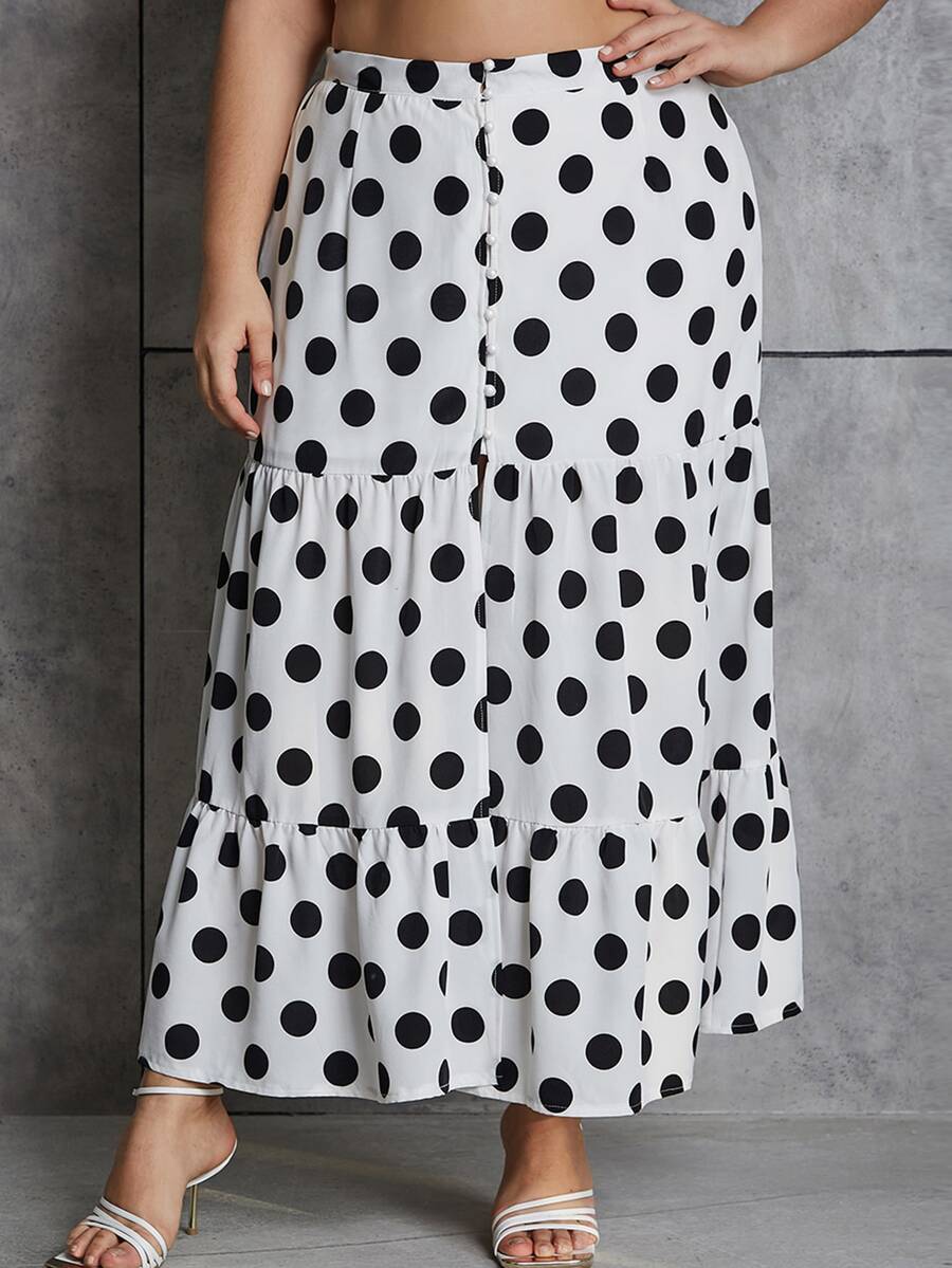 Eilly Bazar 大碼波卡圓點荷葉邊半身裙 - 白色 - 查看 1
