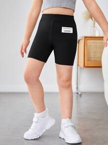 SHEIN Young Girl Toddler Girls Letter Patched Detail Shorts - Black - View 1