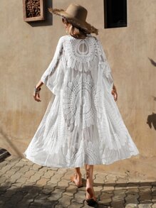 Swim Vcay Embroidery Mesh Belted Kimono,Summer Beach - White - View 2