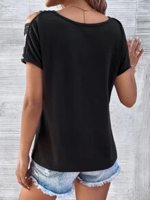 SHEIN LUNE 梯狀鏤空蝙蝠袖T恤 - 黑色 - 查看 2