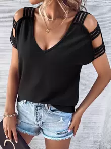 SHEIN LUNE 梯狀鏤空蝙蝠袖T恤 - 黑色 - 查看 4