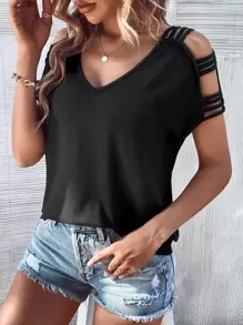 SHEIN LUNE 梯狀鏤空蝙蝠袖T恤 - 黑色 - 查看 5