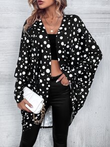 SHEIN LUNE Polka Dot Print Batwing Sleeve Open Front Coat - Black and White - View 1