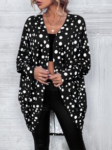 SHEIN LUNE Polka Dot Print Batwing Sleeve Open Front Coat - Black and White - View 3