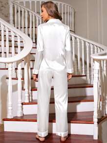 Contrast Piping Patched Pocket Satin PJ Set - White - View 2