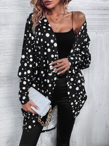 SHEIN LUNE Polka Dot Print Batwing Sleeve Open Front Coat - Black and White - View 5