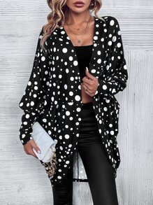 SHEIN LUNE Polka Dot Print Batwing Sleeve Open Front Coat - Black and White - View 6