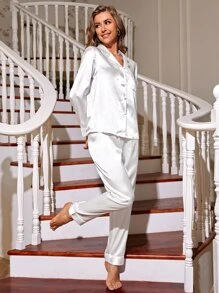 Contrast Piping Patched Pocket Satin PJ Set - White - View 5
