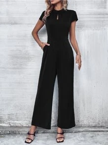 SHEIN LUNE Keyhole Neckline Wide Leg Jumpsuit - Black - View 3
