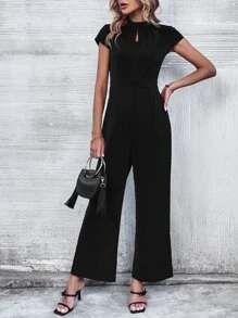 SHEIN LUNE Keyhole Neckline Wide Leg Jumpsuit - Black - View 5