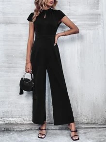 SHEIN LUNE Keyhole Neckline Wide Leg Jumpsuit - Black - View 6