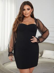 Eilly Bazar 大碼網紗拼接荷葉袖雞心領口緊身連衣裙 - 黑色 - 查看 3