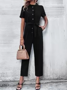 SHEIN LUNE Mono con botón delantero con cinturón - Negro - Ver 1