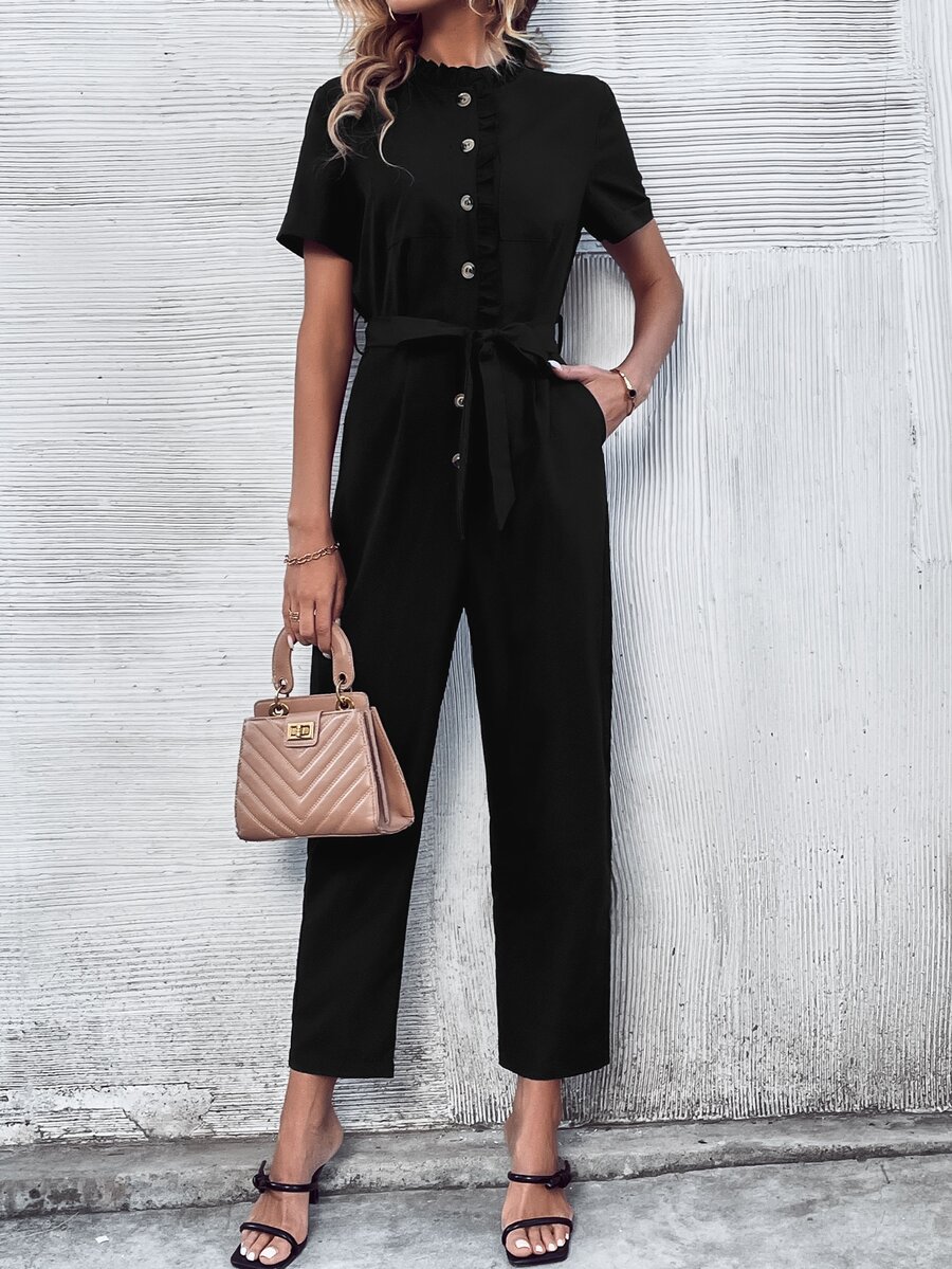 SHEIN LUNE Mono con botón delantero con cinturón - Negro - Ver 1