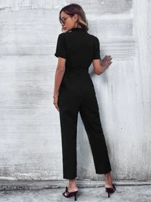 SHEIN LUNE Mono con botón delantero con cinturón - Negro - Ver 2