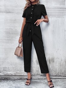 SHEIN LUNE Mono con botón delantero con cinturón - Negro - Ver 3