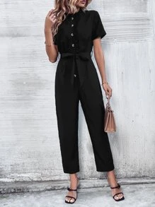 SHEIN LUNE Mono con botón delantero con cinturón - Negro - Ver 4