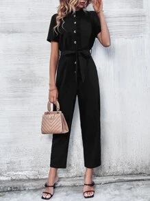 SHEIN LUNE Mono con botón delantero con cinturón - Negro - Ver 5