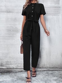 SHEIN LUNE Mono con botón delantero con cinturón - Negro - Ver 6