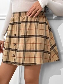 SHEIN Qutie Plus Plaid Print Button Front Skirt - Multicolor - View 3