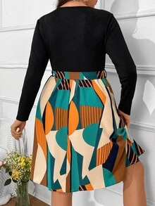 SHEIN Holidaya Vestido con cinturón con estampado geométrico - Negro - Ver 2