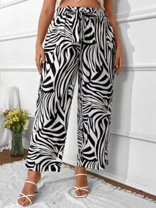 SHEIN Clasi Plus Zebra Striped Belted Pants - Black and White - View 1