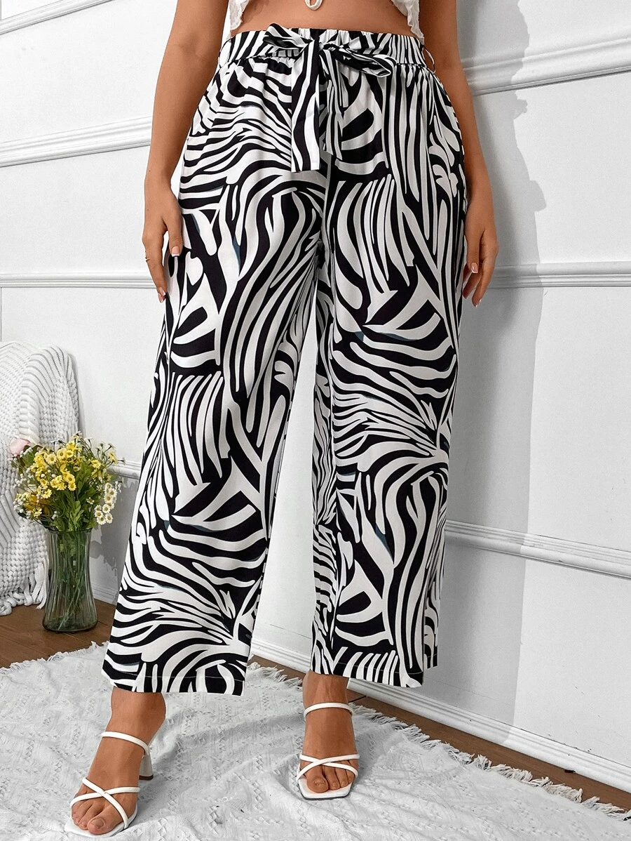 SHEIN Clasi Plus Zebra Striped Belted Pants - Black and White - View 1