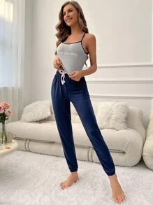 Letter Graphic Contrast Binding Cami Top & Bow Front Trousers Lounge Set - Navy Blue - View 4