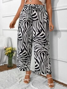 SHEIN Clasi Plus Zebra Striped Belted Pants - Black and White - View 3