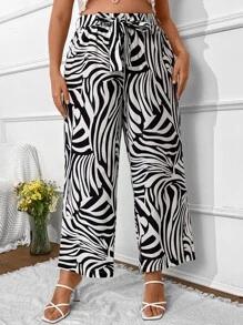 SHEIN Clasi Plus Zebra Striped Belted Pants - Black and White - View 4