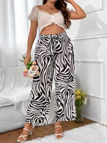 SHEIN Clasi Plus Zebra Striped Belted Pants - Black and White - View 5