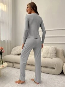 Solid V Neck Tee & Trousers Lounge Set - Grey - View 2