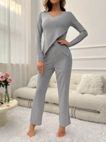 Solid V Neck Tee & Trousers Lounge Set - Grey - View 3