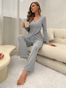 Solid V Neck Tee & Trousers Lounge Set - Grey - View 4