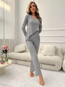 Solid V Neck Tee & Trousers Lounge Set - Grey - View 5