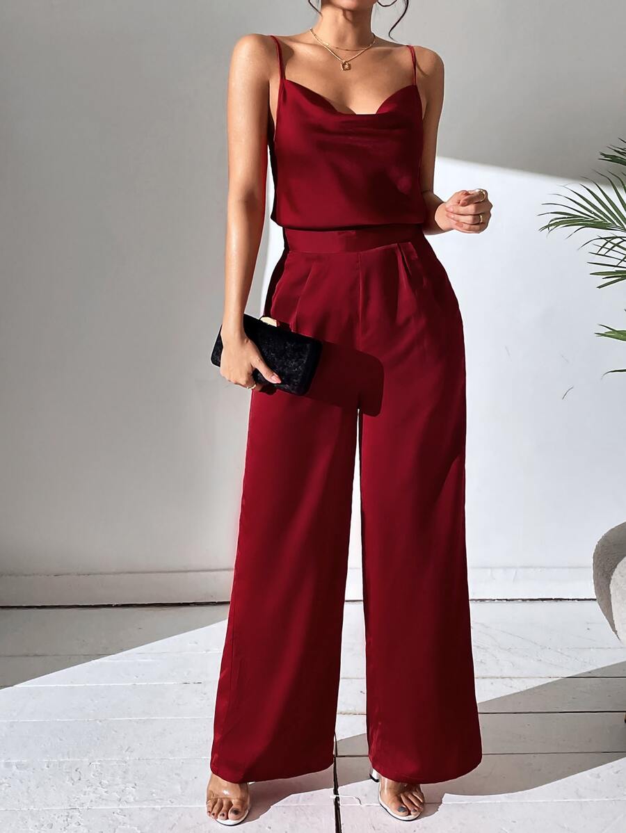 Chiquease 素色吊帶上衣和闊腿褲 - 酒紅色 - 查看 1