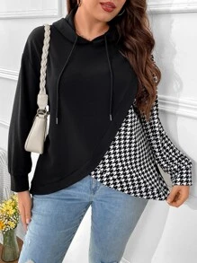 SHEIN LUNE Plus Houndstooth Print Drop Shoulder Drawstring Hoodie - Black - View 1