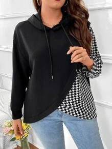 SHEIN LUNE Plus Houndstooth Print Drop Shoulder Drawstring Hoodie - Black - View 3