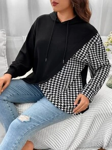 SHEIN LUNE Plus Houndstooth Print Drop Shoulder Drawstring Hoodie - Black - View 4