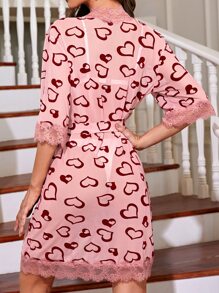 Heart Print Contrast Lace Belted Sleep Robe - Multicolor - View 2