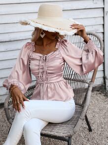 SHEIN Unity Ruched Bust Frill Trim Lantern Sleeve Drawstring Front Peplum Blouse - Pink - View 1