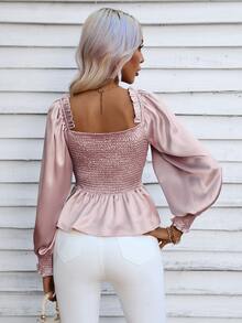 SHEIN Unity Ruched Bust Frill Trim Lantern Sleeve Drawstring Front Peplum Blouse - Pink - View 2