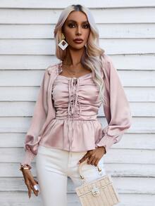 SHEIN Unity Ruched Bust Frill Trim Lantern Sleeve Drawstring Front Peplum Blouse - Pink - View 3